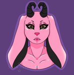 anthro black_horn black_sclera breasts cleavage clothed clothing curved_horn eyelashes eyeshadow female fur hair horn lips lipstick long_ears looking_at_viewer makeup pink_body pink_fur pink_hair pink_nose pupils simple_background solo star_pupils symbol-shaped_pupils thick_lips unusual_pupils yellow_eyes mistystar hybrid lagomorph leporid mammal rabbit digital_media_(artwork) hi_res shaded