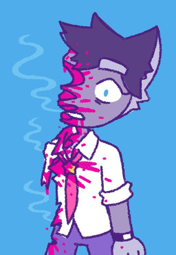 accessory anthro black_hair blood blood_on_clothing blood_on_face blue_background blue_bottomwear blue_clothing blue_eyes blue_pants bodily_fluids bottomwear clock clothed clothing corpse creepy_cute death fur gore grey_body grey_fur hair male mutilation necktie pants pink_necktie rolled_up_sleeves shirt simple_background solo star topwear watch white_clothing white_shirt white_topwear wide_eyed wristwatch 90percentdenny 90_percent_studios purrfect_apawcalypse sparky_fritz canid canine canis domestic_dog husky mammal nordic_sled_dog spitz 2021 official_art