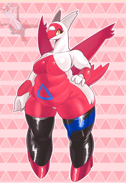 anthro anthrofied belly belly_markings belly_rolls big_breasts breasts clothing curvy_figure eyelashes featureless_breasts featureless_crotch female footwear geometric_background glistening glistening_breasts hand_on_hip high_heels latex latex_clothing latex_legwear latex_thigh_highs legwear legwear_only markings mostly_nude multicolored_body navel outline overweight overweight_anthro overweight_female pink_background pokemorph red_body shoes simple_background smile solo thick_thighs thigh_highs thigh_highs_only three-quarter_view two_tone_body white_body white_outline wide_hips wings yellow_eyes kaarin_owo nintendo pokemon avian generation_3_pokemon latias legendary_pokemon pokemon_(species) 2025 absurd_res digital_drawing_(artwork) digital_media_(artwork) full-length_portrait hi_res portrait reference_image
