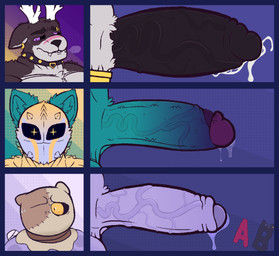 1_eye anthro antlers bag_on_head ball_stretcher balls bandage bandaged_tail bashful big_balls big_muscles big_pecs big_penis blush bodily_fluids breath chart collar crotch_tuft dick_chart ear_piercing ear_ring emotionless excessive_genital_fluids excessive_precum eyebrow_piercing facial_piercing fangs fluffy foreskin fur genital_fluids genitals green_body green_fur grey_body grey_fur group hidden_face horn huge_penis humanoid_genitalia humanoid_penis looking_aside looking_at_viewer male mask multicolored_body multicolored_fur muscular nervous nubbed_penis panting pecs penis piercing precum purple_body purple_eyes retracted_foreskin ring_piercing sack saggy_balls side_view simple_background star_eyes sweat sweatdrop teeth thick_penis tight_foreskin trio tuft vein veiny_penis wearing_mask yellow_body yellow_eyes yellow_fur anxiboi ivan_(anxiboi) reno_(anxiboi) zetar_(anxiboi) deer demon felid feline ghost mammal spirit unknown_species absurd_res digital_media_(artwork) hi_res pixel_(artwork) watermark