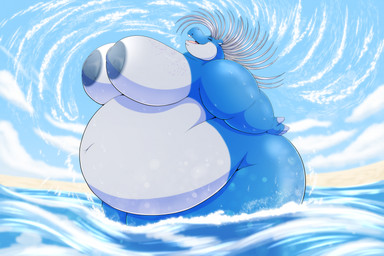 anthro beach big_breasts breasts cloud eyes_closed female hair huge_breasts obese overweight sea sky solo water robthehoopedchipmunk mira_pine_(dragtail) common_hippopotamus hippopotamid mammal hi_res