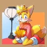 anthro asian_clothing blush clothing east_asian_clothing folding_fan japanese_clothing kimono kneeling lamp lantern looking_down male solo jimnydaisuki sega sonic_the_hedgehog_(series) miles_prower canid canine fox mammal absurd_res hi_res