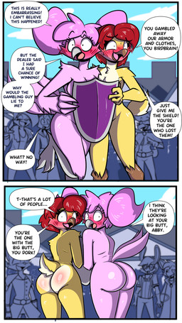 big_butt blush blushing_profusely body_blush butt butt_blush butt_heart covering covering_self crowd dialogue duo embarrassed feather_hands feathers female glistening glistening_body glistening_butt group hair heart_eyes heart_symbol humiliation laugh nude outside pink_body pink_feathers public public_nudity red_hair shield speech_bubble text yellow_body yellow_feathers birbpan abigail_anderson jessi_(birbpan) avian bird 4k 9:16 absurd_res comic english_text hi_res