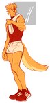 anthro athletic athletic_male bottomwear bulge clothing footwear fur hair male muscle_tone orange_body orange_fur orange_hair pose shirt shoes shorts solo standing topwear towel soneki kevin_(wsad) bird_dog canid canine canis domestic_dog golden_retriever hunting_dog mammal retriever hi_res pinup