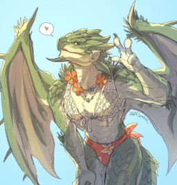 anthro bikini bikini_bottom bikini_top blue_background clothing countershading female floral_clothing floral_neckwear green_body hand_on_leg hand_sign heart_symbol orange_clothing pose rim_light scales simple_background solo speech_bubble standing swimwear two-piece_swimsuit wings lan_rizardon capcom monster_hunter mythology dragon mythological_creature mythological_scalie rath_wyvern rathian scalie 2025 digital_media_(artwork) hi_res signature