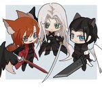 animal_ears armor big_sword black_armor black_body black_clothing black_coat black_feathers black_hair black_topwear blue_eyes buster_sword chibi clothed clothing coat dotted_background ears_up feathers fluffy fluffy_tail green_eyes group hair inner_ear_fluff long_hair looking_at_viewer male melee_weapon not_furry open_mouth pattern_background red_clothing red_coat red_hair red_topwear simple_background sword tail topwear trio tuft weapon white_body white_feathers white_hair wings quanzai201 final_fantasy final_fantasy_vii square_enix angeal_hewley_(final_fantasy_vii) sephiroth_(final_fantasy_vii) human mammal digital_media_(artwork) hi_res signature