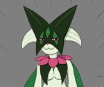 anthro breasts female green_body grey_background light_body looking_at_viewer mask red_eyes simple_background smug smug_grin solo quake-1 nintendo pokemon generation_9_pokemon meowscarada pokemon_(species) absurd_res hi_res