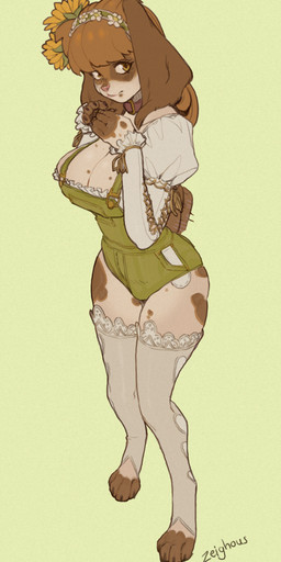 4_toes 5_fingers accessory amber_eyes anthro bangs big_breasts big_ears biped breasts brown_hair cleavage clothed clothing collar digitigrade feet female female_anthro fingers floppy_ears flower flower_in_hair front_view fully_clothed green_clothing green_overalls hair hair_accessory hairband legwear long_hair overalls plant shortalls solo spots standing stockings sunflower text thigh_highs toes zeighous canid canine canis domestic_dog mammal absurd_res artist_name digital_drawing_(artwork) digital_media_(artwork) film_grain hi_res portrait signature