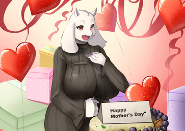 balloon big_breasts breasts cake clothing dessert female food huge_breasts inflatable leotard simple_background solo wide_hips tailjira undertale_(series) toriel bovid caprine goat mammal absurd_res hi_res