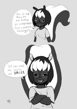 annoyed anthro blep blush crossed_arms dialogue eyewear female glasses looking_at_viewer looking_away solo text tongue tongue_out yotomoe muffy_(yotomoe) mammal mephitid skunk 2020 black_and_white english_text hi_res monochrome