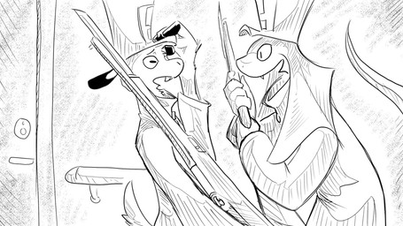 anthro bayonet clothing door duo hallway handrail hat headgear headwear knife male military_uniform talking_to_another uniform weapon worried dragonweirdo agamid bovid caprine frilled_lizard goat lizard mammal reptile scalie 16:9 hi_res monochrome widescreen