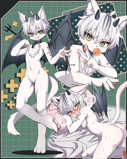 adolescent anthro bat_wings bed blush blush_lines bodily_fluids breath bubble_butt bubble_gum butt collar collar_only fur furniture gesture green_eyes hand_gesture horn kemono male membrane_(anatomy) membranous_wings nude nude_anthro nude_male on_bed pawpads paws pillow solo sweat sweatdrop v_sign white_body white_fur wings young young_anthro young_male go_(1o22g) demon domestic_cat felid feline felis mammal 4:5
