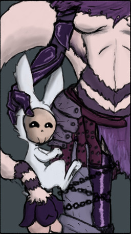 anthro armor bone bone_mask breasts chain cloth clothing duo female fur hand_on_head hugging_leg male male/female mask mask_only nude purple_body purple_fur simple_background size_difference skull skull_mask splint_armor white_body white_fur waketab blacked_hand violet_echo waketab_(waketab) lagomorph mammal morsectuum 2024