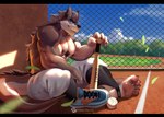 2020 5_fingers 5_toes anthro athletic barefoot baseball_bat bat_(object) biceps blue_markings body_hair bottomwear brown_body brown_fur canid canine canis chest_hair clothed clothing countershade_feet countershading feet fingers footwear fur hi_res humanoid_feet male mammal markings muscular muscular_anthro muscular_arms muscular_male nipple_piercing nipple_tattoo nipples pawpads paws pecs piercing pink_pawpads plantigrade shan_yao_jun shoes smile smirk sneakers socks soles solo sparkle_(shan_yao_jun) sport sportswear stirrup_socks tattoo tight_clothing toes topless topless_male white_inner_ear wolf