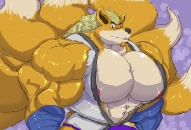 8_tails abstract_background anthro beard big_bulge big_muscles big_pecs blonde_hair bulge clothing facial_hair hair huge_bulge huge_muscles huge_pecs hyper hyper_bulge hyper_muscles hyper_pecs long_hair looking_at_viewer male multi_tail muscular muscular_anthro muscular_male nipples pecs red_nipples scar shirt smile solo tail topwear underwear panscolipede tsuyoshi_senpai canid canine fox mammal 2020 hi_res