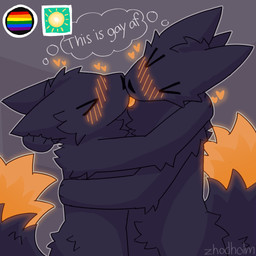 >///< anthro black_body black_fur black_nose blush blush_lines cheek_tuft chest_tuft claws crotch_tuft dipstick_tail duo ears_back facial_tuft finger_claws fur grey_background hand_behind_head head_tuft hug kissing lgbt_pride male male/male markings neck_tuft orange_body orange_fur orange_tongue pivoted_ears pride_color_flag pride_colors simple_background standing tail tail_markings text thought_bubble tongue tuft zhodholm casualties:_unknown expie_(gunsawian) gunsawian 1:1 2026 artist_name english_text hi_res