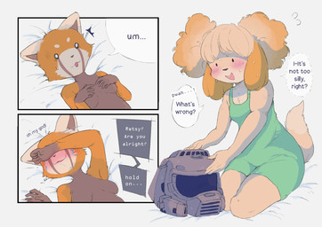 anthro armor blush bodily_fluids clothing crying dialogue duo emanata embarrassed female green_clothing green_underwear hair hand_on_own_breast headgear helmet humor nude nude_anthro nude_female roleplay shocked speech_bubble sweat tears text tied_hair underwear conduitcore aggretsuko animal_crossing doom_(series) id_software microsoft nintendo sanrio isabelle_(animal_crossing) retsuko ailurid canid canine canis domestic_dog mammal red_panda shih_tzu toy_dog 2020 comic english_text hi_res