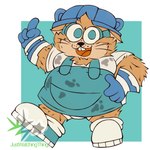 anthro apron armor blue_eyes chubby_cheeks clothing eyewear fluffy footwear freckles gesture gloves goggles hairy hand_gesture hand_on_belly handwear hard_hat headgear helmet looking_at_viewer male overweight overweight_male pointing prosthetic prosthetic_arm prosthetic_limb shirt shoes short_stack smile solo stained_clothing topwear underwear whiskers justwatchingthings samuel_sal cricetid hamster mammal rodent 1:1 full-length_portrait hi_res portrait