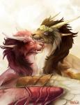 brown_hair duo eyes_closed feral fur hair horn simple_background teeth ravoilie flight_rising mythology dragon furred_dragon furred_scalie mythological_creature mythological_scalie scalie wildclaw_dragon 2018 digital_media_(artwork) hi_res