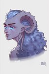 blue_eyes blue_hair blue_sclera eyebrows female grey_body grey_skin hair horn humanoid_pointy_ears looking_at_viewer looking_back looking_back_at_viewer not_furry pointy_ears solo tendrils ullr_(artist) blizzard_entertainment warcraft draenei humanoid 2023 hi_res