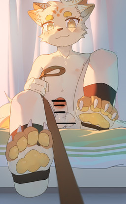 4_ears anthro bed blush bodily_fluids censor_bar clothing curtains_closed dominant dominant_male dripping erection feet foot_focus footwear furniture genital_fluids genitals humanoid_genitalia humanoid_penis kemono leaking_precum leash leash_pull leashed_viewer looking_at_viewer low-angle_view male multi_ear navel pawpads penis precum precum_drip shota slim smile socks solo stirrup_socks white_body young young_anthro young_male toye2004 canid canine canis mammal wolf censored hi_res