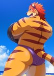 angry anthro blush butt clothed clothing fur hair looking_at_viewer looking_back male orange_body orange_fur rear_view red_hair solo speedo striped_body striped_fur stripes swimwear topless undressing zyuzinka lifewonders tokyo_afterschool_summoners nomad_(tas) felid mammal pantherine tiger absurd_res hi_res