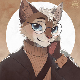 abstract_background anthro blue_eyes brown_body brown_clothing brown_fur brown_jacket brown_topwear cheek_tuft clothed clothing eyewear facial_tuft fangs front_view fur glasses hair jacket looking_at_viewer male mouth_closed no_sclera orange_clothing orange_topwear red_nose round_glasses short_hair solo teeth topwear tuft whiskers white_body white_fur white_hair azuza domestic_cat felid feline felis mammal 1:1 2024 bust_portrait dated hi_res portrait signature
