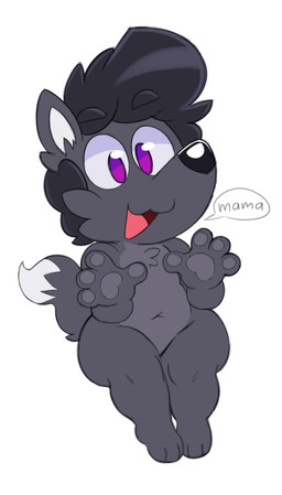 3_toes 4_fingers anthro black_body black_fur black_hair chibi dialogue dipstick_tail feet fingers fur grey_body grey_fur hair handpads inner_ear_fluff male markings multicolored_body multicolored_tail purple_eyes simple_background solo tail tail_markings text thick_thighs toes tuft two_tone_body white_background wide_hips acstlu phursie canid canine fox mammal 2019 digital_drawing_(artwork) digital_media_(artwork) english_text