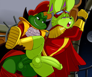 anal anal_penetration anthro balls bent_leg boots bottomless bottomless_anthro bottomless_male bottomwear bottomwear_down bound buckteeth captain clothed clothing duo erection eyewear eyewear_on_head footwear fur genitals glans gloves goggles goggles_on_head green_balls green_body green_fur green_glans green_penis green_skin grin half-closed_eyes hands_tied handwear humanoid_genitalia humanoid_penis leg_grab male male/male moon narrowed_eyes night open_mouth pants pants_down partially_clothed penetration penile penile_penetration penis penis_in_ass raised_leg seductive sex shoes smile spread_legs spreading standing standing_sex teeth window lonbluewolf bucky_o'hare_(series) bucky_o'hare captain_smada amphibian frog hare lagomorph leporid mammal toad_(frog) 2023 6:5 hi_res