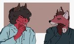 cigarette clothing duo eyes_closed horn human_hair jacket male male/male red_body smile topwear unknown_artist mythology holly_(ortiz) canid canine dragon fox mammal mythological_creature mythological_scalie red_fox scalie true_fox 5:3