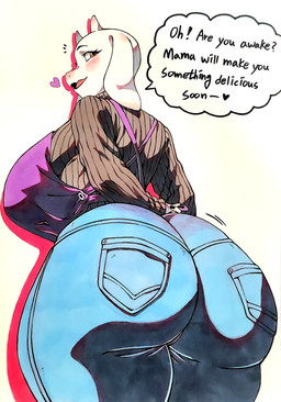 2_horns anthro apron big_breasts big_butt bottomwear breasts butt clothed clothing curvy_figure denim denim_bottomwear denim_clothing dialogue eyebrows eyelashes female floppy_ears fully_clothed heart_symbol horn huge_breasts huge_butt jeans looking_at_viewer looking_back mature_female open_mouth open_smile pants rear_view simple_background smile solo speech_bubble sweater text thick_thighs topwear voluptuous white_background wide_hips sudal undertale_(series) toriel boss_monster_(undertale) bovid caprine goat mammal 2026 absurd_res english_text hi_res