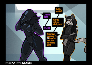 ambiguous_gender anthro big_breasts black_bodysuit black_clothing black_hair black_latex black_skinsuit bodysuit breasts brown_eyes clothed clothed_anthro clothed_female clothing dialogue duo female fur grey_body grey_fur hair jacket latex latex_bodysuit latex_clothing latex_skinsuit mask skinsuit speech_bubble tail text tight_clothing topwear wearing_mask rem_phase corva_frost racca_choquet avian bird corvid corvus_(genus) crow hybrid hyena mammal oscine passerine procyonid raccoon 2026 english_text hi_res story story_in_description female_(lore)