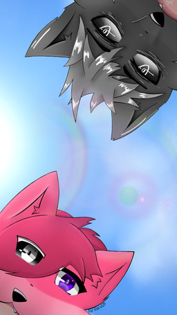 anthro black_hair duo female glare hair male male/male pink_hair purple_eyes sky 9:16 hi_res