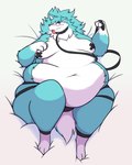 anthro bdsm bedroom_eyes belly belly_overhang big_belly big_butt big_moobs blue_body blue_fur blush bondage bound butt clothing collar dakimakura deep_navel eyewear fat_rolls fur glasses hand_on_chest holding_own_leash huge_belly jockstrap leash male moobs morbidly_obese morbidly_obese_male narrowed_eyes navel obese obese_male overweight overweight_male pasties seductive solo thick_thighs tongue tongue_out underwear white_body white_fur wide_hips camuushamuu cameron_(camuushamuu) canid canine canis mammal wolf 4:5 absurd_res dakimakura_design hi_res