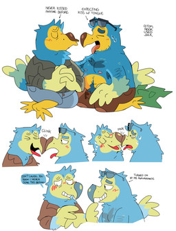 anthro anthro_on_anthro awkward beak blue_body blush bodily_fluids body_hair bulge chest_hair clothed clothing dialogue duo eyes_closed eyewear eyewear_on_head feather_hair feathers first_kiss fur kissing male male/male male_anthro multicolored_body multicolored_fur nipples pseudo_hair romantic romantic_couple simple_background sitting sitting_on_ground speech_bubble sunglasses sunglasses_on_head sweat text tongue tongue_out topless topless_anthro topless_male wings tomnookusedjock animal_crossing nintendo orville_(animal_crossing) wilbur_(animal_crossing) avian bird columbid dodo recently_extinct_species absurd_res english_text hi_res brother_(lore) brothers_(lore) incest_(lore) sibling_(lore)