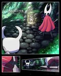 2023 4:5 arthropod battle black_body blue_clothing cloak clothing comic detailed_background digital_drawing_(artwork) digital_media_(artwork) duo english_text female hi_res holding_object hollow_knight hornet_(hollow_knight) humanoid jellli looking_at_another male plant red_cloak red_clothing rock shaded team_cherry text the_knight_(hollow_knight) url vessel_(species)