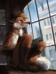2021 3:4 ambiguous_gender anthro barefoot biped black_nose book brown_body brown_ears brown_fur building canid canine casual_nudity city city_background day detailed detailed_background digital_media_(artwork) digital_painting_(artwork) feet fluffy fluffy_tail fox full-length_portrait fur glass glass_window gloves_(marking) hair happy hi_res hindpaw icicle inside leg_markings light lighting male mammal markings multicolored_body multicolored_ears multicolored_fur multicolored_tail neketo nude orange_body orange_eyes orange_fur orange_hair orange_tail paws plantigrade portrait reclining red_fox relaxing shambles_(ladfox) sitting snow socks_(marking) solo stairs tail true_fox white_body white_fur window window_seat winter wood