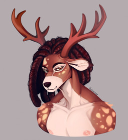 anthro antlers dreadlocks horn male nipples red_eyes solo spots hahazzar deer mammal hi_res portrait