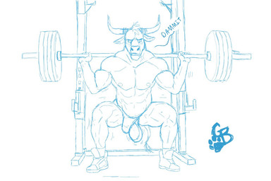 abs anthro balls balls_only barbell barbell_squats biceps clothed clothing clothing_aside dialogue ears_down exercise exercise_equipment footwear genitals horn looking_down male muscular muscular_anthro muscular_male nipples pecs pivoted_ears profanity shoes simple_background squat_rack squats text topless topless_male underwear underwear_aside wardrobe_malfunction weightlifting weights white_background workout goldeyboi bovid bovine cattle mammal 2019 english_text monochrome sketch