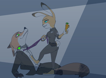 accessory alternate_universe anthro belt blue_eyes breasts clothed clothing collar dominant dominant_female duo female green_eyes leash leash_pull male necktie necktie_grab police police_uniform shock_collar simple_background sitting standing submissive submissive_male uniform puki disney zistopia zoodystopia zootopia judy_hopps nick_wilde canid canine fox lagomorph leporid mammal rabbit red_fox true_fox 2016 hi_res