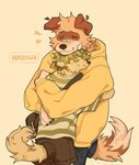 anthro biped brown_body brown_fur clothing duo floppy_ears fur green_body green_fur hoodie hug male slim_anthro slim_male topwear yellow_clothing yellow_hoodie yellow_topwear randitawu canid canine canis domestic_dog mammal 2024 absurd_res hi_res