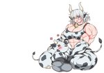 abs ambiguous_gender animal_print bell biceps big_muscles blue_eyes breasts cow_print deltoids duo female feral grey_hair hair horn hucow huge_muscles muscular muscular_female simple_background sitting vein white_background dendmy animal_humanoid bovid bovid_humanoid bovine bovine_humanoid cattle cattle_humanoid humanoid mammal mammal_humanoid 2021 absurd_res hi_res