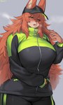 alternative_fashion anthro big_breasts blush breasts clothed clothing cute_fangs female female_anthro fur green_eyes gyaru hair huge_breasts j-fashion kemono long_hair looking_at_viewer solo streetwear tail tracksuit suurin_2 ookami-chan_(suurin_2) canid canine canis mammal wolf 2022 3:5 absurd_res digital_media_(artwork) hi_res