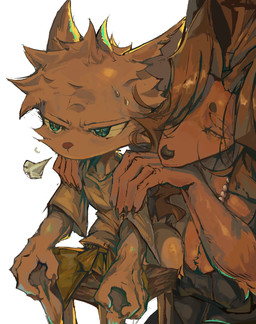 age_difference anthro bodily_fluids breath clothing female fur hair half-closed_eyes larger_female male massage narrowed_eyes older_female one_eye_obstructed orange_body orange_fur red_hair simple_background size_difference smaller_male sweat sweatdrop white_background white_body white_fur white_hair younger_male fetloaf annie_(fetloaf) yuri_(fetloaf) canid canine domestic_cat felid feline felis fox mammal hi_res