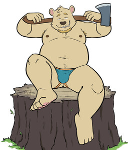 anthro armpit_hair axe belly body_hair bulge clothing humanoid_hands jockstrap male moobs navel nipples overweight overweight_male sitting smile solo underwear hashburrowns bear mammal 2024 hi_res