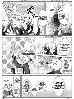 anthro blush bodily_fluids clothed clothing dialogue ears_back ellipsis eye_contact fully_clothed fur heart_symbol holding_face interrobang looking_at_another pivoted_ears police police_uniform speech_bubble sweat sweatdrop text thought_bubble uniform moromorowephi third-party_edit disney zootopia benjamin_clawhauser judy_hopps nick_wilde canid canine cheetah felid feline fox lagomorph leporid mammal rabbit red_fox true_fox 3:4 comic english_text hard_translated monochrome translated