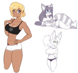 abs anthro athletic athletic_female big_breasts blonde_hair blue_eyes bottomwear breasts clothing crop_top female green_eyes group hair hand_on_hip long_hair lying medium_breasts midriff on_side panties ponytail shirt short_hair shorts smile topwear trio underwear scorpdk telethia_(scorpdk) canid canine fennec_fox fox human mammal procyonid raccoon true_fox hi_res