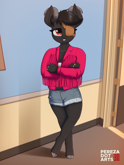 anthro black_body black_fur black_hair bottomwear breasts buckteeth cleavage clothed clothed_anthro clothed_female clothing crossed_arms crossed_legs denim denim_bottomwear denim_clothing denim_shorts eye_patch eyelashes eyeliner eyewear female fur hair hooves horn jacket jewelry logo makeup meme_pose necklace red_eyes ring short_hair shorts smile smiling_at_viewer solo standing tassels teeth text topwear perezadotarts bathory_black_(therealnarrowjungle) bovid caprine goat mammal 3:4 absurd_res artist_logo artist_name hi_res meme