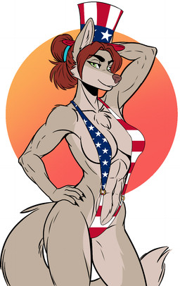 accessory american_flag_bikini american_flag_clothing anthro big_breasts bikini breasts chest_tuft clothing female flag_bikini flag_swimwear fur hair hair_accessory hair_bun hair_tie hat headgear headwear holidays looking_at_viewer multicolored_body muscular patriotism politics red_hair smile solo swimwear tan_body tan_fur top_hat tuft two-piece_swimsuit two_tone_body f4ephantomii 4th_of_july ihty_(f4ephantomii) canid canine mammal digital_media_(artwork) hi_res
