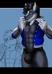 abs anthro black_body black_clothing black_fur black_hair black_underwear blue_eyes bulge clothing fur gloves_(marking) hair jacket jockstrap looking_at_viewer male markings muscular muscular_anthro muscular_male simple_background solo thick_thighs topwear underwear white_markings checkhoff joel_breton equid equine horse mammal hi_res